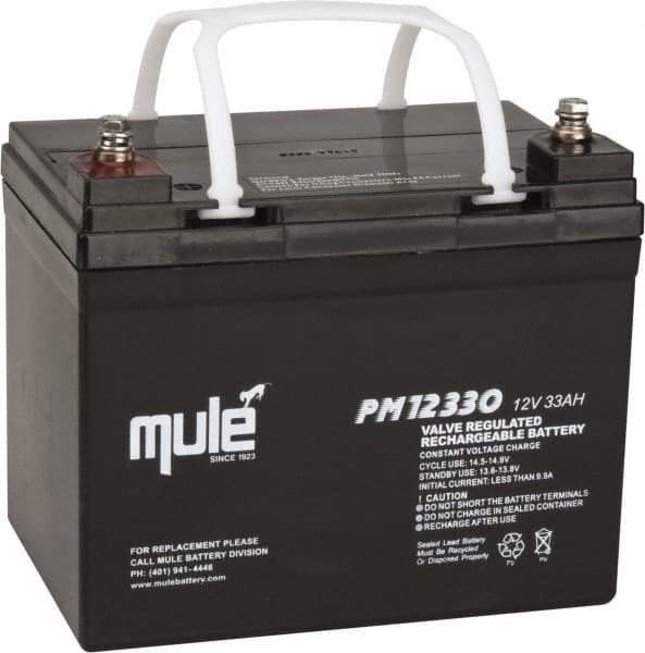 Mule - Lead-Acid, Nut/Bolt Terminal, 12 Volt, 33 Amp, Lead Rechargeable Battery - 6mm Hole Diam, 5.12" Wide x 6.61" High x 7.68" Deep - Exact Tooling
