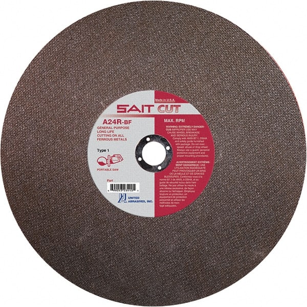 Sait - 14" 24 Grit Aluminum Oxide Cutoff Wheel - 1/8" Thick, 1" Arbor, 5,400 Max RPM, Use with Portable Tools - Exact Tooling