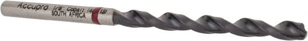 Accupro - 1/8" 135° Cobalt Jobber Drill - TiAlN Finish, Right Hand Cut, Spiral Flute, Straight Shank, 65mm OAL, UX Point - Exact Tooling