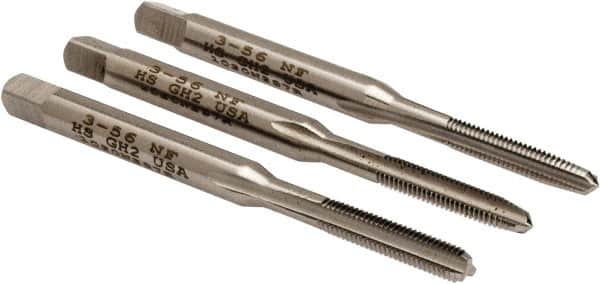Hertel - #3-56 UNF, 3 Flute, Bottoming, Plug & Taper, Bright Finish, High Speed Steel Tap Set - 1-13/16" OAL, 2B/3B Class of Fit - Exact Tooling