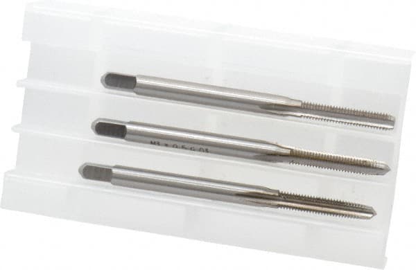 Hertel - M3x0.50 Metric Coarse, 3 Flute, Bottoming, Plug & Taper, Bright Finish, High Speed Steel Tap Set - 1-15/16" OAL, 6H Class of Fit - Exact Tooling