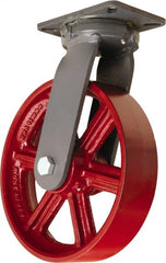 Hamilton - 12" Diam x 3" Wide x 15-1/2" OAH Top Plate Mount Swivel Caster - Cast Iron, 2,500 Lb Capacity, Straight Roller Bearing, 5-1/4 x 7-1/4" Plate - Exact Tooling