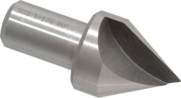 Interstate - 1-1/4" Head Diam, 3/4" Shank Diam, 1 Flute 60° High Speed Steel Countersink - Bright Finish, 2-3/4" OAL, Single End, Straight Shank, Right Hand Cut - Exact Tooling