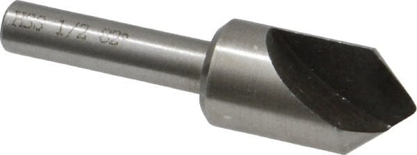 Interstate - 1/2" Head Diam, 1/4" Shank Diam, 1 Flute 82° High Speed Steel Countersink - Bright Finish, 2" OAL, Single End, Straight Shank, Right Hand Cut - Exact Tooling