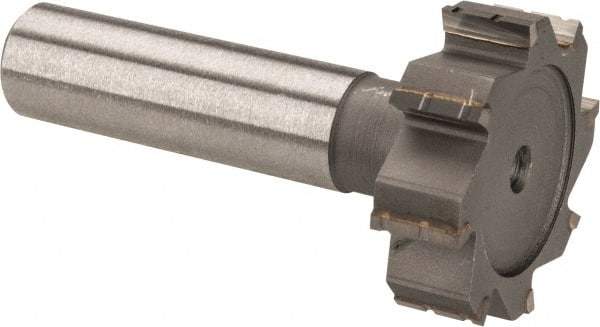 Made in USA - 1-1/4" Diam x 3/8" Face Width, Carbide-Tipped, 8 Teeth, Shank Connection Woodruff Keyseat Cutter - Uncoated, 2-3/8" OAL x 1/2" Shank, Straight Teeth, ANSI 1210, Old Standard E - Exact Tooling