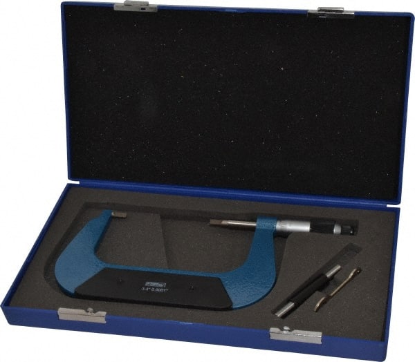 Fowler - 3" to 4" Mechanical Baked Enamel (Frame) & Satin Chrome (Graduations) Coated Blade Micrometer - 0.0002" Accuracy, 0.0001" Graduation, 0.03" Blade Thickness, Ratchet Stop Thimble - Exact Tooling