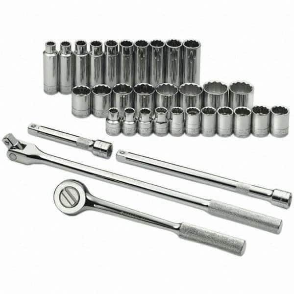 SK - 1/2" Drive Standard Deep Socket Set - 10 to 28mm, Metric Measurement Standard - Exact Tooling