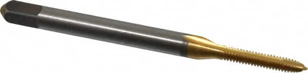 Cleveland - #2-56 UNC, 2 Flute, TiN Finish, High Speed Steel Spiral Point Tap - Plug Chamfer, Right Hand Thread, 44.45mm OAL, 0.44" Thread Length, 2B Class of Fit, Series 1011TN - Exact Tooling