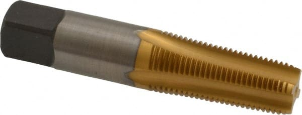 Cleveland - 1/8-27 NPTF Thread, 4 Flute Standard Pipe Tap - 2-1/8" OAL, 3/4" Thread Length, 7/16" Shank Diam, TiN Finish, High Speed Steel - Exact Tooling