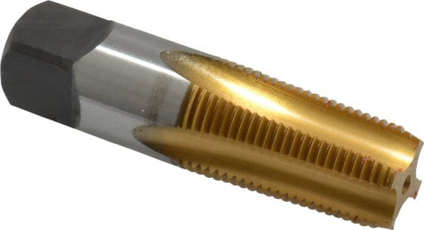 Cleveland - 3/8-18 NPTF Thread, 4 Flute Standard Pipe Tap - 2-9/16" OAL, 1-1/16" Thread Length, 0.7" Shank Diam, TiN Finish, High Speed Steel - Exact Tooling