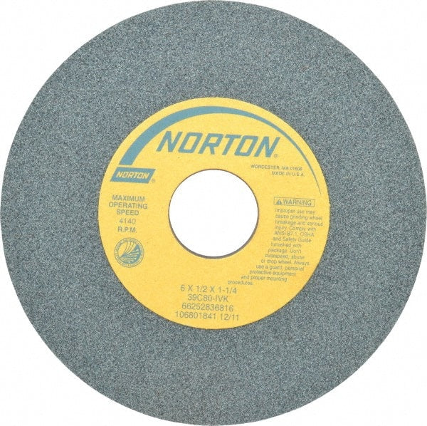 Norton - 6" Diam x 1-1/4" Hole x 1/2" Thick, I Hardness, 80 Grit Surface Grinding Wheel - Silicon Carbide, Type 1, Medium Grade, 4,140 Max RPM, Vitrified Bond, No Recess - Exact Tooling