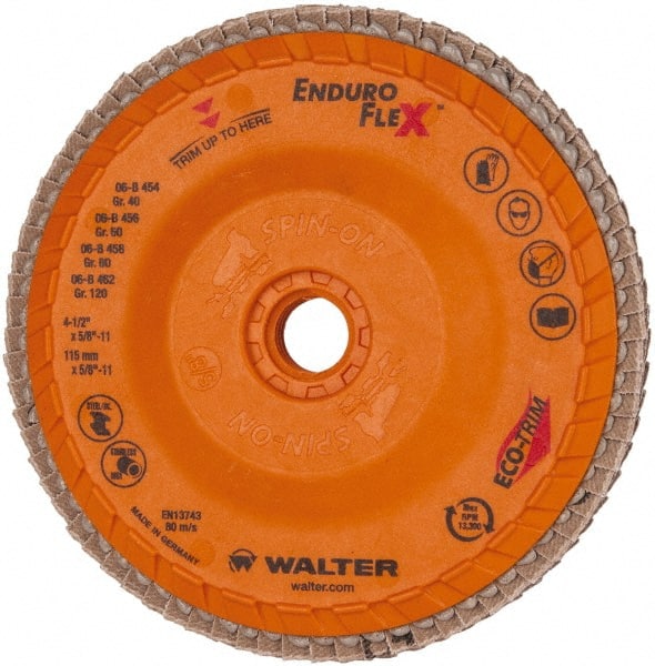 WALTER Surface Technologies - 80 Grit, 4-1/2" Disc Diam, 5/8-11 Center Hole, Flap Disc - Plastic Backing, Arbor Attaching System, Coated - Exact Tooling