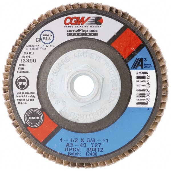 Camel Grinding Wheels - 24 Grit, 7" Disc Diam, 7/8" Center Hole, Type 29 Aluminum Oxide Flap Disc - 8,600 Max RPM, Polyester Backing, Arbor Attaching System, Coated - Exact Tooling