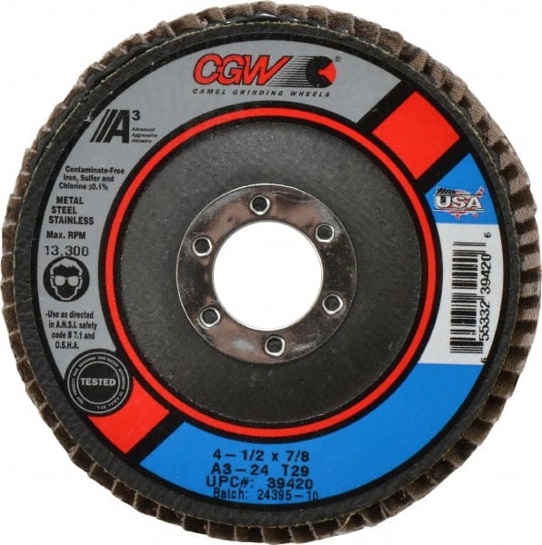 Camel Grinding Wheels - 24 Grit, 4-1/2" Disc Diam, 7/8" Center Hole, Type 29 Aluminum Oxide Flap Disc - 13,300 Max RPM, Polyester Backing, Arbor Attaching System, Coated - Exact Tooling