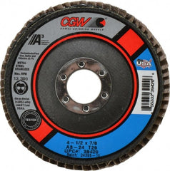 Camel Grinding Wheels - 24 Grit, 4-1/2" Disc Diam, 7/8" Center Hole, Type 29 Aluminum Oxide Flap Disc - 13,300 Max RPM, Polyester Backing, Arbor Attaching System, Coated - Exact Tooling
