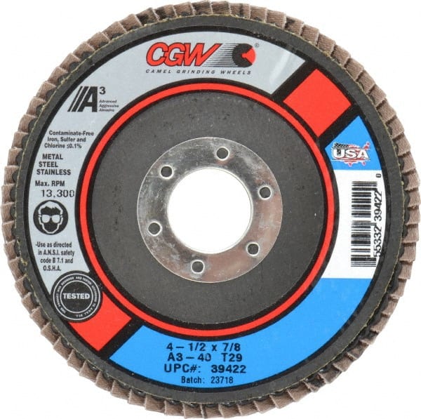 Camel Grinding Wheels - 40 Grit, 4-1/2" Disc Diam, 7/8" Center Hole, Type 29 Aluminum Oxide Flap Disc - 13,300 Max RPM, Polyester Backing, Arbor Attaching System, Coated - Exact Tooling