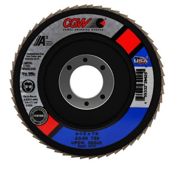 Camel Grinding Wheels - 80 Grit, 4-1/2" Disc Diam, 7/8" Center Hole, Type 29 Aluminum Oxide Flap Disc - 13,300 Max RPM, Polyester Backing, Arbor Attaching System, Coated - Exact Tooling