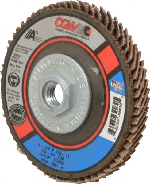 Camel Grinding Wheels - 24 Grit, 4-1/2" Disc Diam, 5/8-11 Center Hole, Type 29 Aluminum Oxide Flap Disc - 13,300 Max RPM, Polyester Backing, Arbor Attaching System, Coated - Exact Tooling