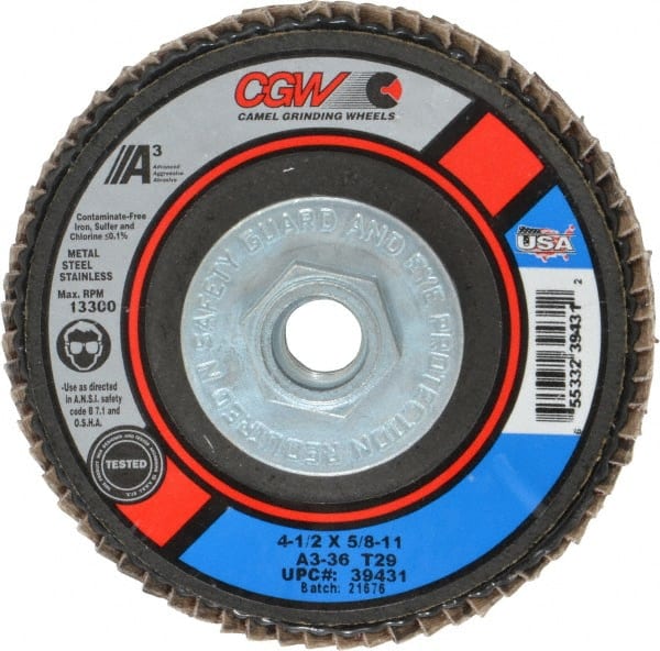 Camel Grinding Wheels - 36 Grit, 4-1/2" Disc Diam, 5/8-11 Center Hole, Type 29 Aluminum Oxide Flap Disc - 13,300 Max RPM, Polyester Backing, Arbor Attaching System, Coated - Exact Tooling