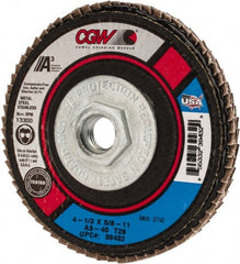 Camel Grinding Wheels - 40 Grit, 4-1/2" Disc Diam, 5/8-11 Center Hole, Type 29 Aluminum Oxide Flap Disc - 13,300 Max RPM, Polyester Backing, Arbor Attaching System, Coated - Exact Tooling