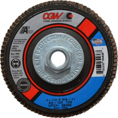 Camel Grinding Wheels - 120 Grit, 4-1/2" Disc Diam, 5/8-11 Center Hole, Type 29 Aluminum Oxide Flap Disc - 13,300 Max RPM, Polyester Backing, Arbor Attaching System, Coated - Exact Tooling