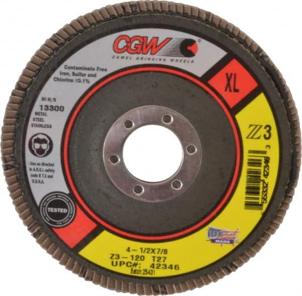 Camel Grinding Wheels - 120 Grit, 4-1/2" Disc Diam, 7/8" Center Hole, Type 27 Zirconia Alumina Flap Disc - 13,300 Max RPM, Poly Cotton Backing, Arbor Attaching System, Coated - Exact Tooling