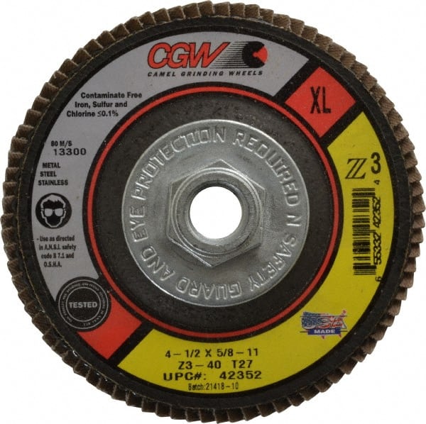 Camel Grinding Wheels - 40 Grit, 4-1/2" Disc Diam, 5/8-11 Center Hole, Type 27 Zirconia Alumina Flap Disc - 13,300 Max RPM, Poly Cotton Backing, Arbor Attaching System, Coated - Exact Tooling