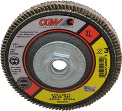 Camel Grinding Wheels - 60 Grit, 4-1/2" Disc Diam, 5/8-11 Center Hole, Type 27 Zirconia Alumina Flap Disc - 13,300 Max RPM, Poly Cotton Backing, Arbor Attaching System, Coated - Exact Tooling