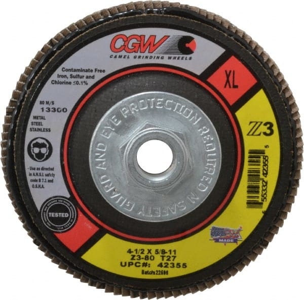 Camel Grinding Wheels - 80 Grit, 4-1/2" Disc Diam, 5/8-11 Center Hole, Type 27 Zirconia Alumina Flap Disc - 13,300 Max RPM, Poly Cotton Backing, Arbor Attaching System, Coated - Exact Tooling