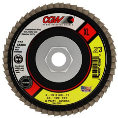 Camel Grinding Wheels - 120 Grit, 4-1/2" Disc Diam, 5/8-11 Center Hole, Type 27 Zirconia Alumina Flap Disc - 13,300 Max RPM, Poly Cotton Backing, Arbor Attaching System, Coated - Exact Tooling