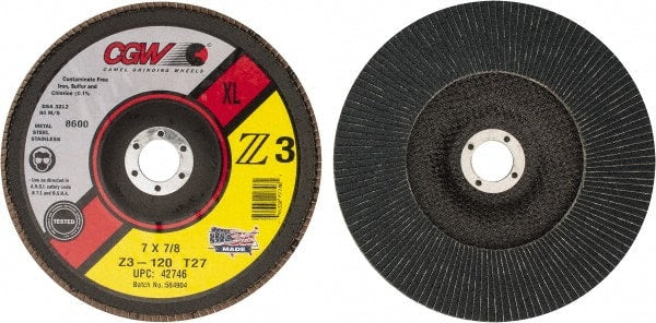 Camel Grinding Wheels - 120 Grit, 7" Disc Diam, 7/8" Center Hole, Type 27 Zirconia Alumina Flap Disc - 8,600 Max RPM, Poly Cotton Backing, Arbor Attaching System, Coated - Exact Tooling