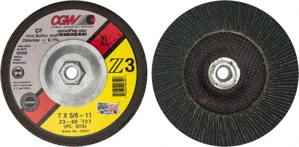 Camel Grinding Wheels - 60 Grit, 7" Disc Diam, 5/8-11 Center Hole, Type 27 Zirconia Alumina Flap Disc - 8,600 Max RPM, Poly Cotton Backing, Arbor Attaching System, Coated - Exact Tooling