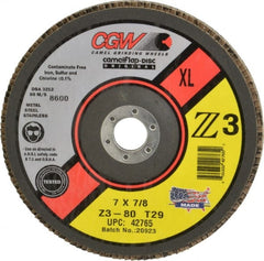 Camel Grinding Wheels - 80 Grit, 7" Disc Diam, 5/8-11 Center Hole, Type 29 Zirconia Alumina Flap Disc - 8,600 Max RPM, Poly Cotton Backing, Arbor Attaching System, Coated - Exact Tooling