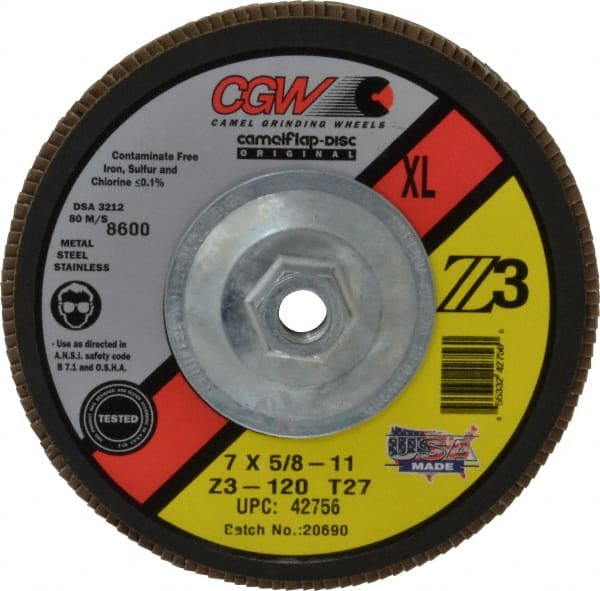 Camel Grinding Wheels - 120 Grit, 7" Disc Diam, 5/8-11 Center Hole, Type 27 Zirconia Alumina Flap Disc - 8,600 Max RPM, Poly Cotton Backing, Arbor Attaching System, Coated - Exact Tooling