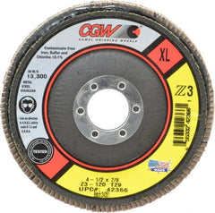 Camel Grinding Wheels - 120 Grit, 4-1/2" Disc Diam, 7/8" Center Hole, Type 29 Zirconia Alumina Flap Disc - 13,300 Max RPM, Poly Cotton Backing, Arbor Attaching System, Coated - Exact Tooling