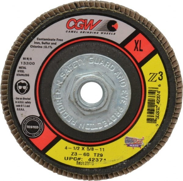 Camel Grinding Wheels - 60 Grit, 4-1/2" Disc Diam, 5/8-11 Center Hole, Type 29 Zirconia Alumina Flap Disc - 13,300 Max RPM, Poly Cotton Backing, Arbor Attaching System, Coated - Exact Tooling