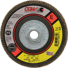 Camel Grinding Wheels - 60 Grit, 4-1/2" Disc Diam, 5/8-11 Center Hole, Type 29 Zirconia Alumina Flap Disc - 13,300 Max RPM, Poly Cotton Backing, Arbor Attaching System, Coated - Exact Tooling