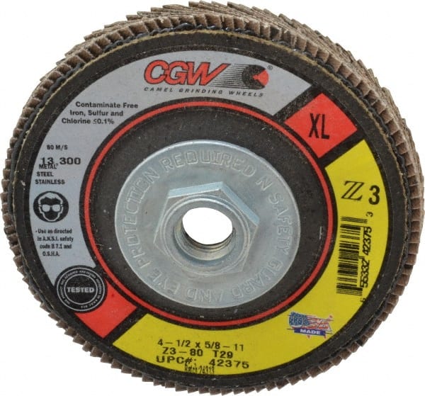 Camel Grinding Wheels - 80 Grit, 4-1/2" Disc Diam, 5/8-11 Center Hole, Type 29 Zirconia Alumina Flap Disc - 13,300 Max RPM, Poly Cotton Backing, Arbor Attaching System, Coated - Exact Tooling