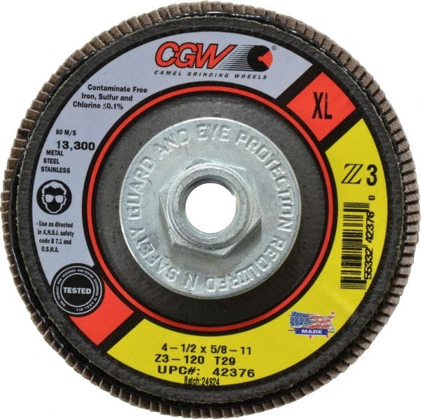 Camel Grinding Wheels - 120 Grit, 4-1/2" Disc Diam, 5/8-11 Center Hole, Type 29 Zirconia Alumina Flap Disc - 13,300 Max RPM, Poly Cotton Backing, Arbor Attaching System, Coated - Exact Tooling