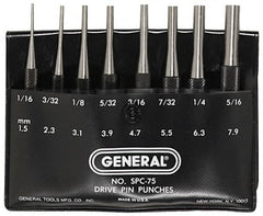 General - 8 Piece, 1/16 to 5/16", Pin Punch Set - Comes in Plastic Case - Exact Tooling