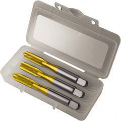 Vermont Tap & Die - M2.5x0.45 Metric, 4 Flute, Bottoming, Plug & Taper, TiN Finish, High Speed Steel Tap Set - Right Hand Cut, 1-13/16" OAL, 1/2" Thread Length, 6H Class of Fit, Series TN3105M - Exact Tooling