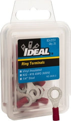 Ideal - 22-18 AWG Partially Insulated Crimp Connection Circular Ring Terminal - 1/4" Stud, 1.055" OAL x 0.394" Wide, Tin Plated Brass Contact - Exact Tooling