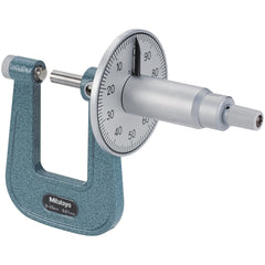 Mitutoyo - Mechanical Outside Micrometers; Minimum Measurement (mm): 0 ; Maximum Measurement (mm): 25 ; Graduation (mm): 0.01 ; Features: Dial type for easy and quick readings ; Thimble Type: Ratchet Stop ; Measuring Face Material: Carbide-Tipped - Exact Tooling