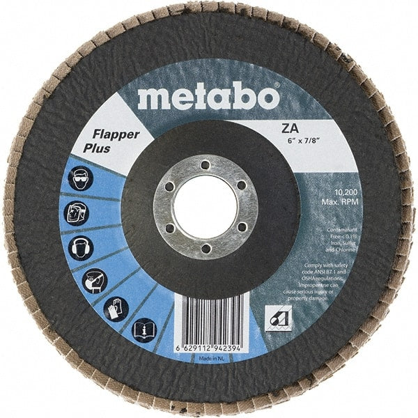 Metabo - 80 Grit, 6" Disc Diam, 7/8" Center Hole, Type 27 Zirconia Alumina Flap Disc - 10,200 Max RPM, Fiberglass Backing, Arbor Attaching System, Coated - Exact Tooling