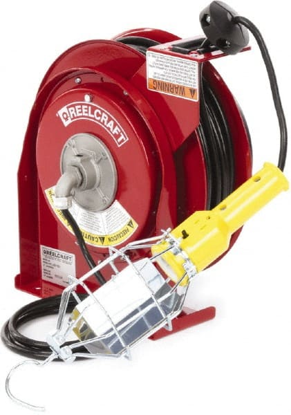Reelcraft - 16 AWG, 50' Cable Length, Cord & Cable Reel with Incandescent Hand Lamp End - 1 Outlet, NEMA 5-15R, 13 Amps, 125 Volts, SJTOW Cable, Red Reel - Exact Tooling