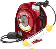 Reelcraft - 16 AWG, 50' Cable Length, Cord & Cable Reel with Fluorescent Hand Lamp End - 0 Outlets, 0.3 Amps, 125 Volts, SJTOW Cable, Red Reel - Exact Tooling