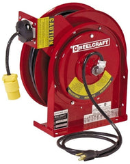Reelcraft - 12 AWG, 45' Cable Length, Cord & Cable Reel with Outlet End - 1 Outlet, NEMA 5-15R, 15 Amps, 125 Volts, SJEOOW Cable, Red Reel - Exact Tooling