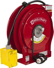 Reelcraft - 12 AWG, 50' Cable Length, Cord & Cable Reel with Duplex GFCI Outlet Box End - 2 Outlets, NEMA 5-15R, 15 Amps, 125 Volts, SEOOW Cable, Red Reel - Exact Tooling