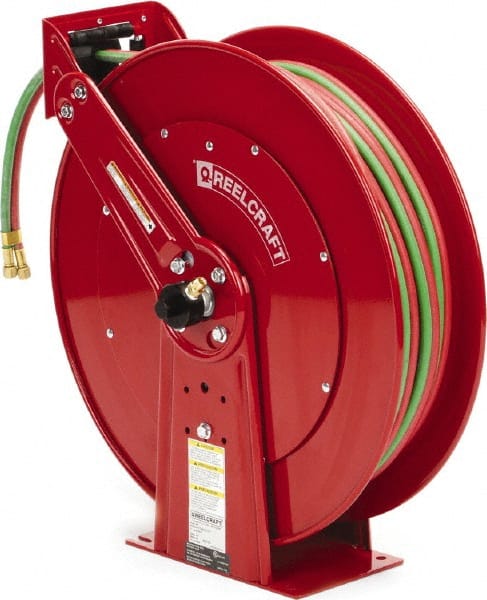 Reelcraft - 24" Long x 13" Wide x 25-3/8" High, 1/4" ID, Spring Retractable Welding Hose Reel - 100' Hose Length, 200 psi Working Pressure, Hose Included - Exact Tooling