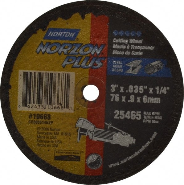 Norton - 3" Ceramic Cutoff Wheel - 0.035" Thick, 1/4" Arbor, 25,465 Max RPM, Use with Die Grinders - Exact Tooling